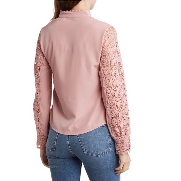 HL AFFAIR Lace Panel Long Sleeve Blouse Top, Romantic Pink/Blush Size Large, NWT - Picture 3 of 11